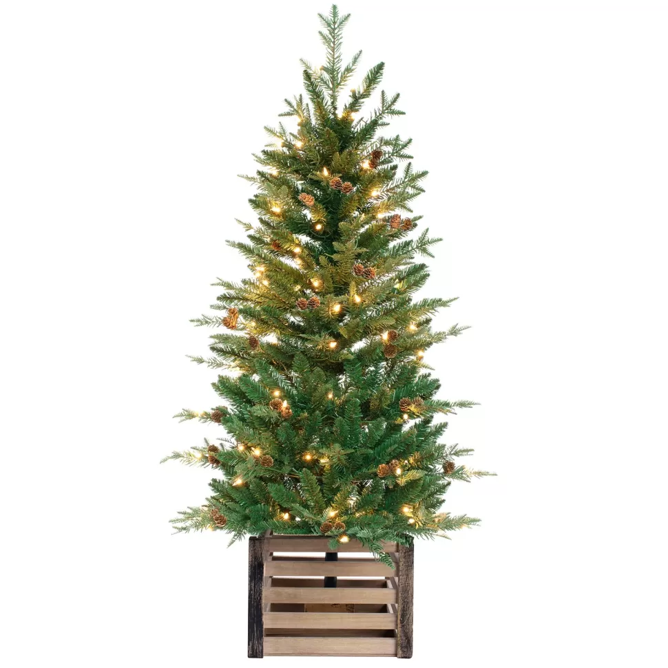 Cheap Three Posts 48' H Green Realistic Artificial Fir Christmas Tree With 100 Lights And Pinecones