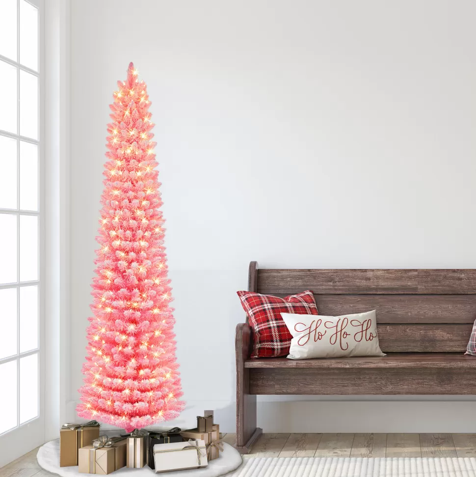 Cheap The Holiday Aisle 6'5" H Slender Pink Fir Flocked/Frosted Christmas Tree With 200 Lights