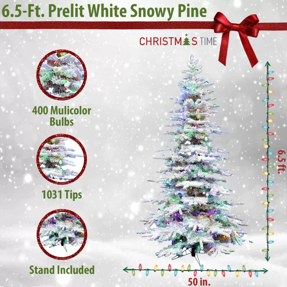 Sale Christmas Time 6.5' White Pine Artificial Christmas Tree With 400 Multi-Color Lights
