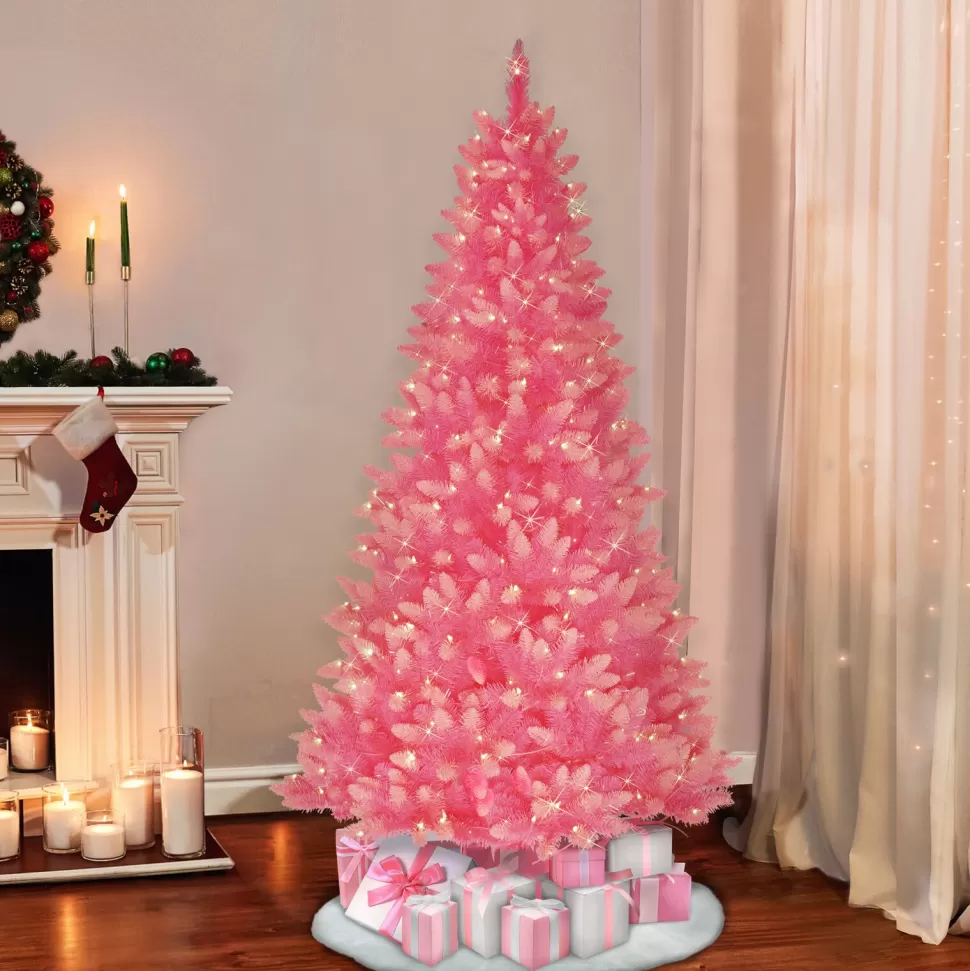 Hot The Holiday Aisle 6' 5" H Pink Realistic Artificial Spruce Flocked/Frosted Christmas Tree With 300 Incandescent Steady/Constant Lights