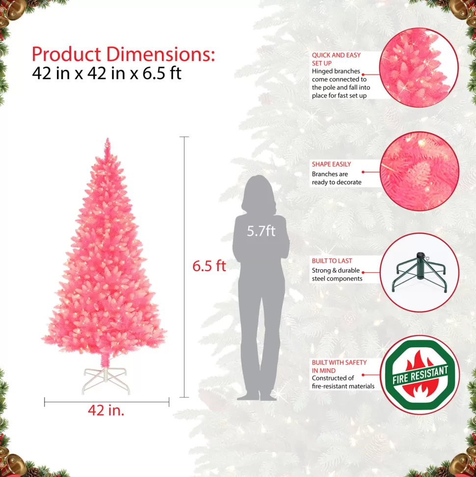 Hot The Holiday Aisle 6' 5" H Pink Realistic Artificial Spruce Flocked/Frosted Christmas Tree With 300 Incandescent Steady/Constant Lights