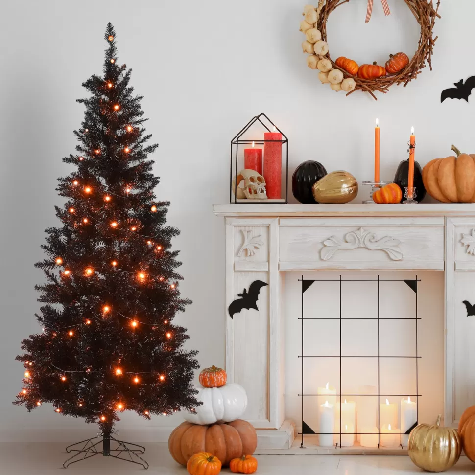 Best Sale The Holiday Aisle 6' H Slender Black Artificial Fir Halloween Tree With 100 Led Lights