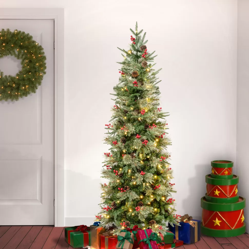 Sale The Holiday Aisle 72" H Slender Realistic Artificial Pvc And Pe Blend Pine Christmas Tree 200 Led Steady/Constant Lights And Berries