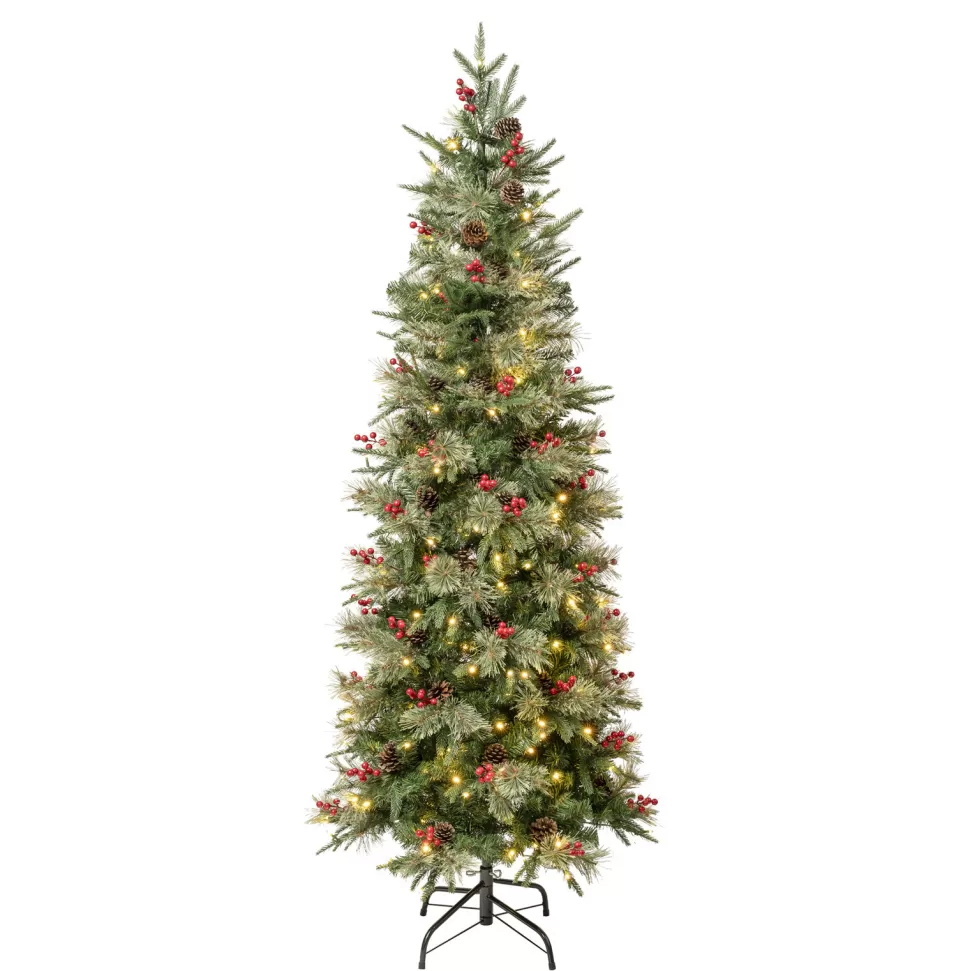Sale The Holiday Aisle 72" H Slender Realistic Artificial Pvc And Pe Blend Pine Christmas Tree 200 Led Steady/Constant Lights And Berries