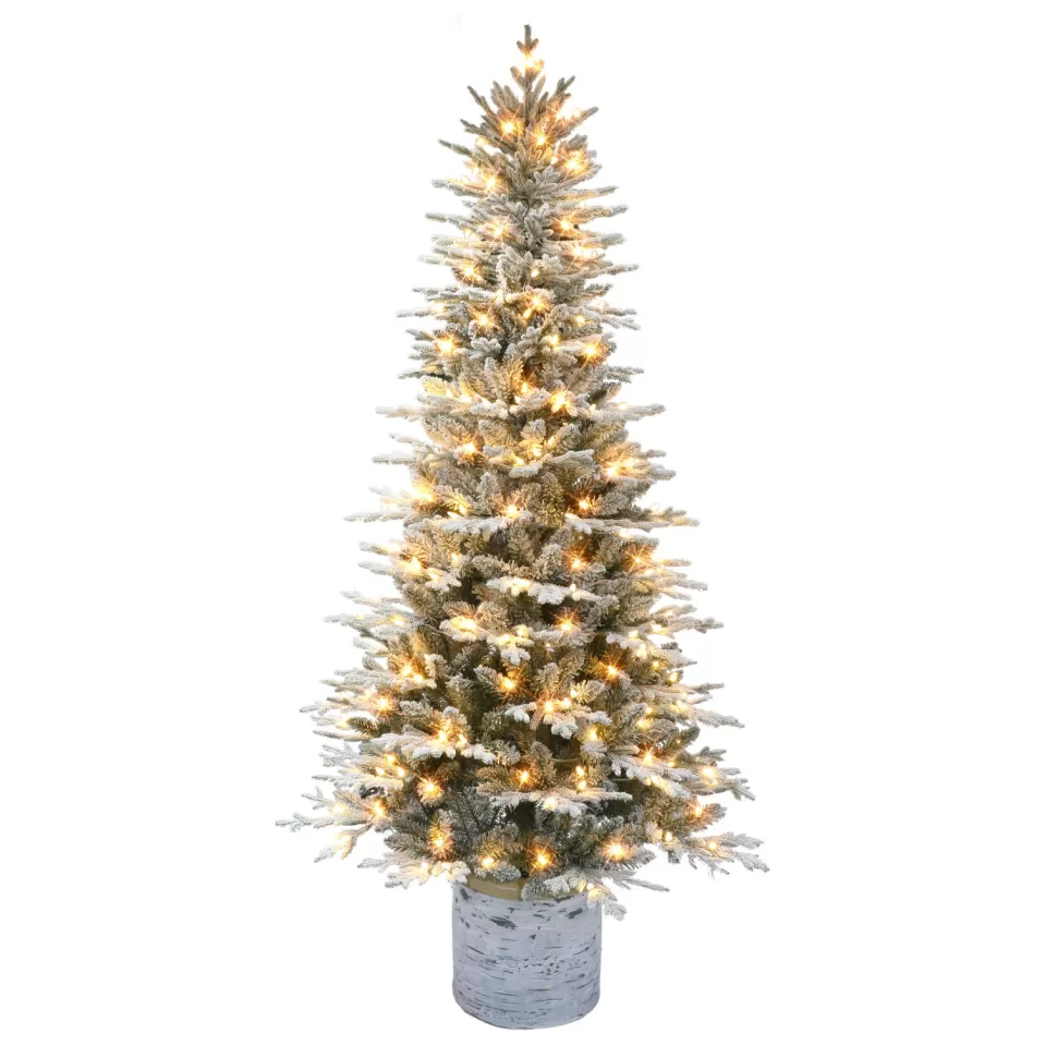 Outlet The Holiday Aisle 7.5 Ft Pre-Lit Potted Flocked Arctic Fir Tree, 1973 Tips, 250 Warm White Led Lights, Ul Listed Adaptor, Birch Wood Look Base