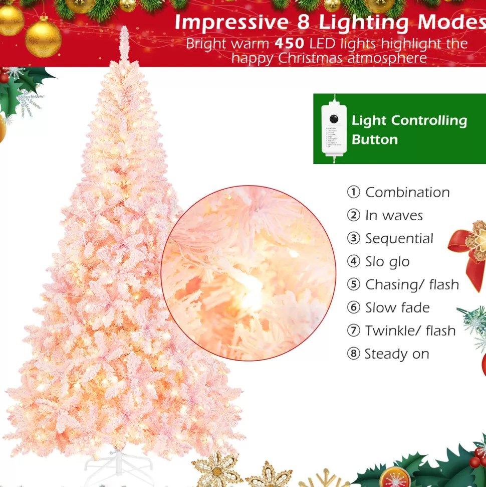 Discount The Holiday Aisle 7.5' H Pink Flocked Christmas Tree With 450 Led Lights