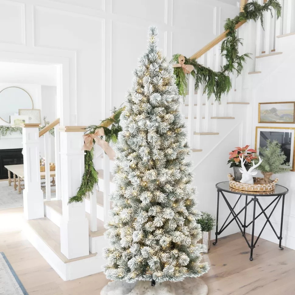 Best The Twillery Co. 7.5Ft Slender Flocked Pine Christmas Tree With 350 Led Lights