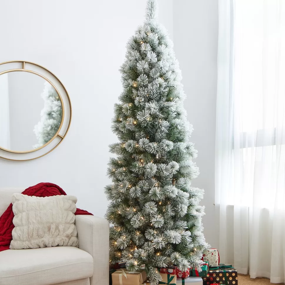 Best The Twillery Co. 7.5Ft Slender Flocked Pine Christmas Tree With 350 Led Lights