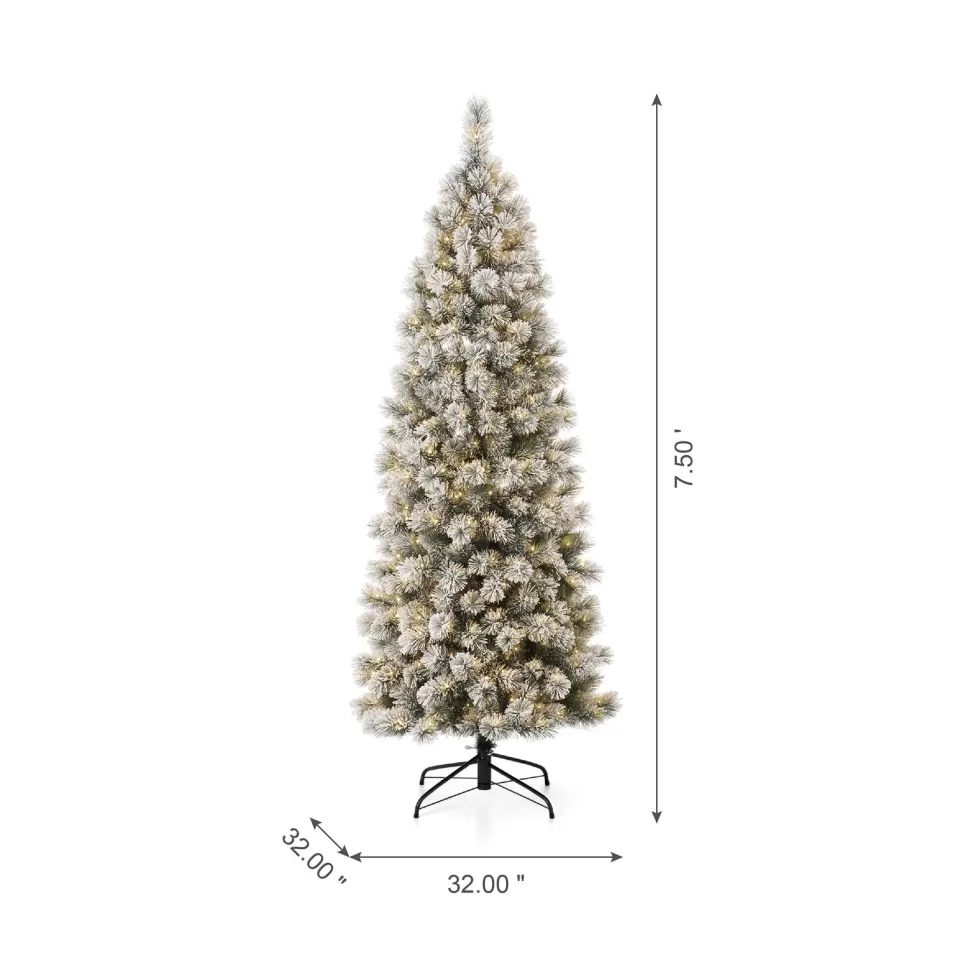 Best The Twillery Co. 7.5Ft Slender Flocked Pine Christmas Tree With 350 Led Lights