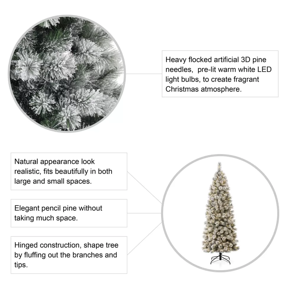 Best The Twillery Co. 7.5Ft Slender Flocked Pine Christmas Tree With 350 Led Lights