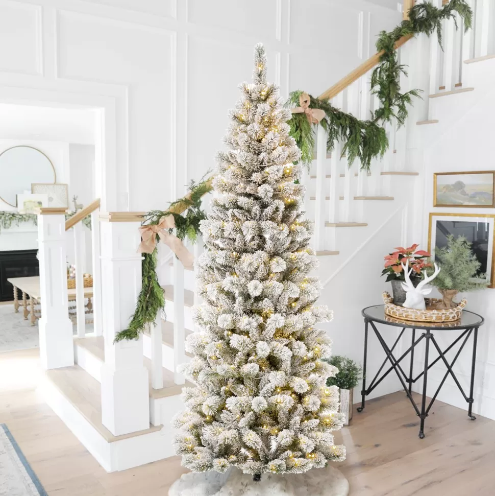 Fashion The Holiday Aisle 7.5Ft Slender Flocked/Frosted Pine Christmas Tree With 300 Led Lights