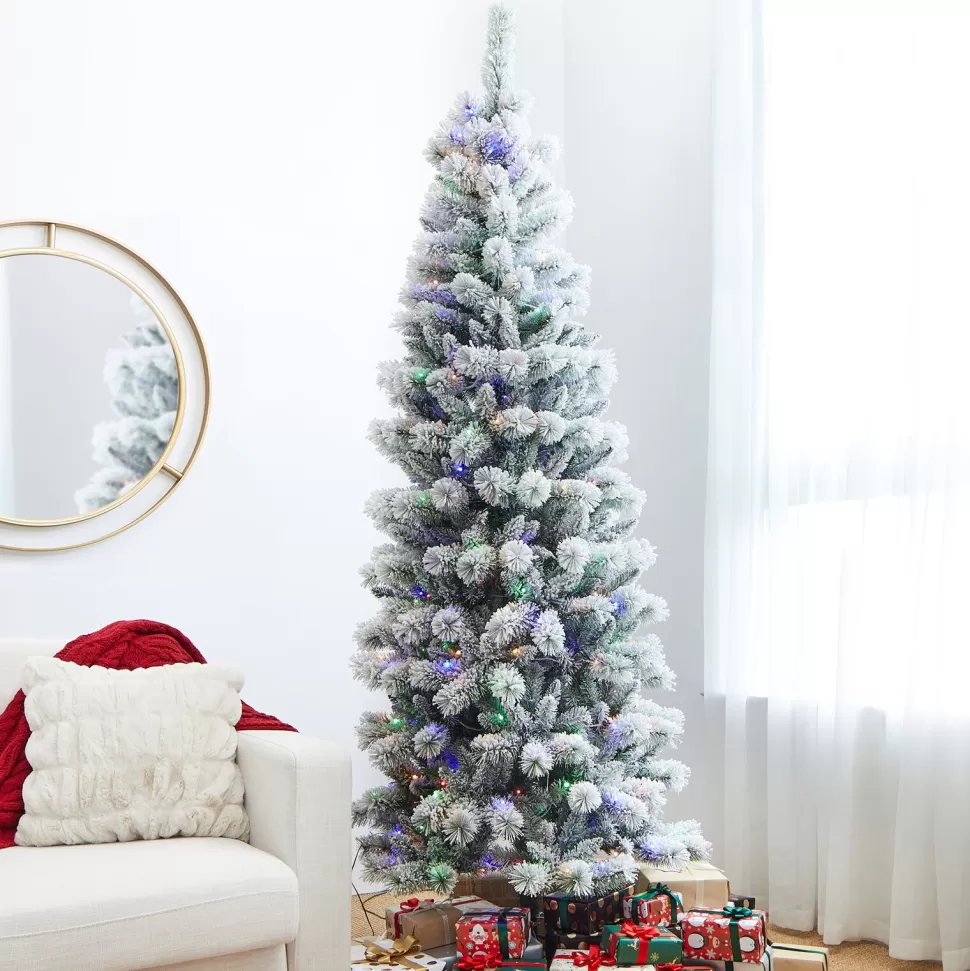 Fashion The Holiday Aisle 7.5Ft Slender Flocked/Frosted Pine Christmas Tree With 300 Led Lights