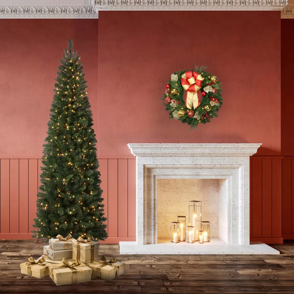 Clearance Haute Decor 7'6" H Slender Green Artificial Spruce Christmas Tree With 700 Led Lights