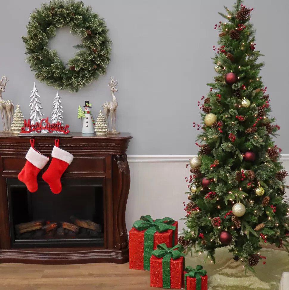 Best Sale Three Posts 7.6' H Slender Green Artificial Spruce Christmas Tree Withf 400 Lights