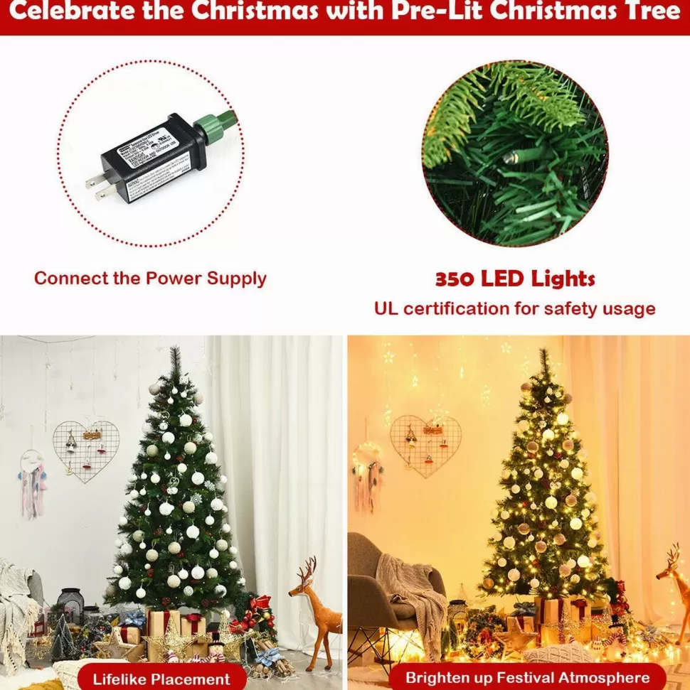 Cheap The Holiday Aisle 84" H Regular Green Artificial Pvc Fir Cashmere Christmas Tree Led Twinkling Lights Pinecones