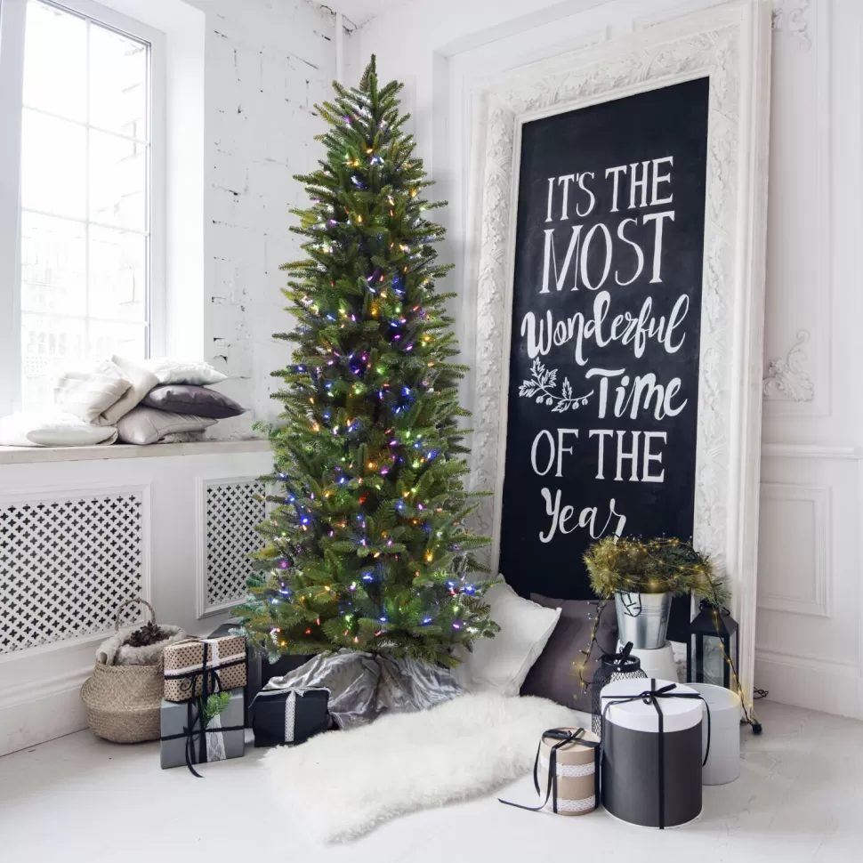 Online The Holiday Aisle Carmel Slim Green Pine Trees Artificial Christmas Tree With 550 With Colored And White Led String Lights