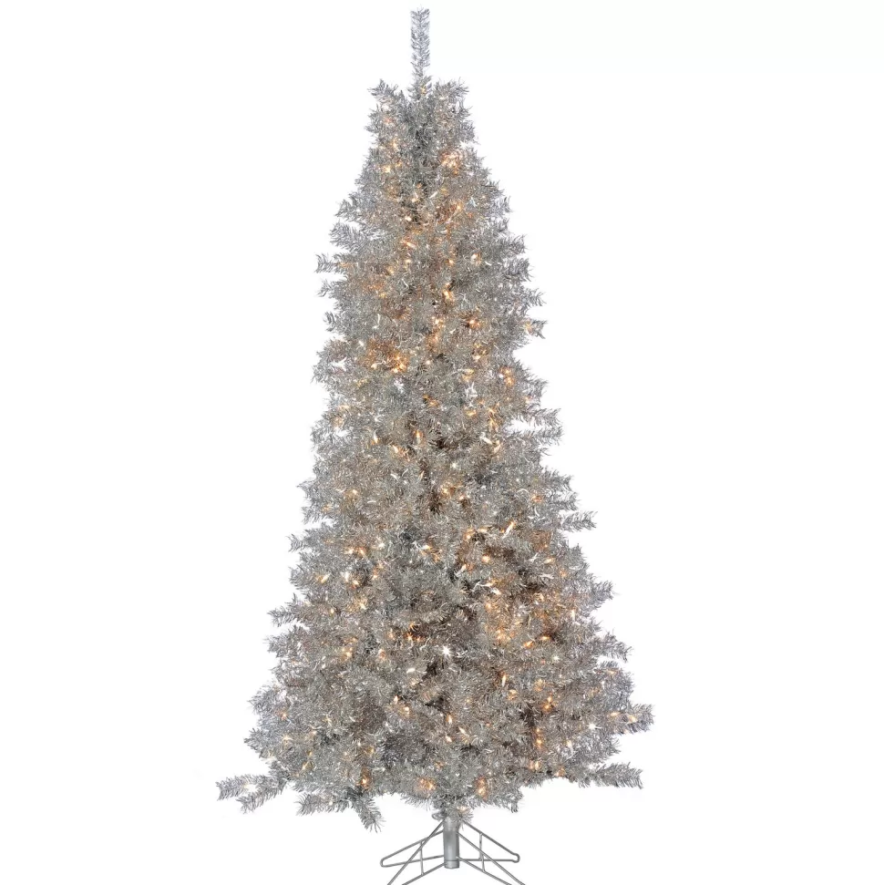 Best Sale The Holiday Aisle Curly 7.5' Silver Tinselartificial Christmas Tree With 550 Clear White Lights