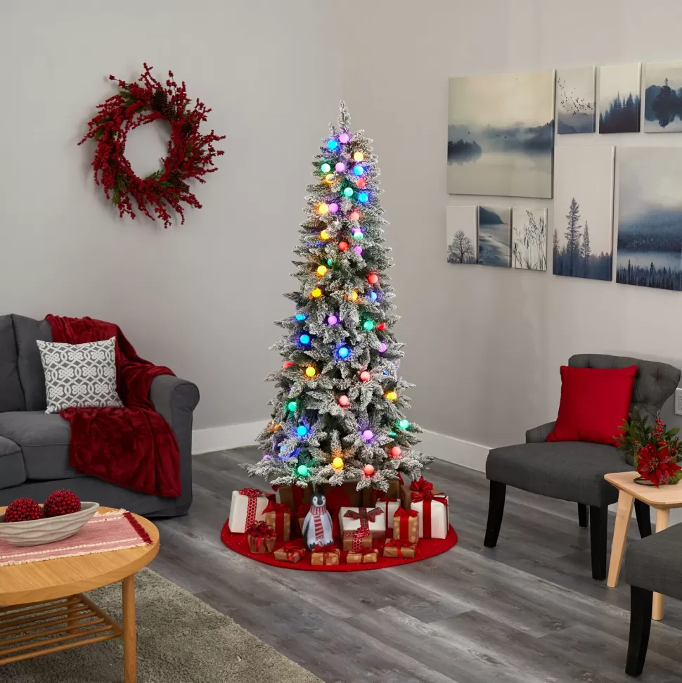 Discount The Holiday Aisle Flocked Fir Artificial Christmas Tree With Multi-Color Lights