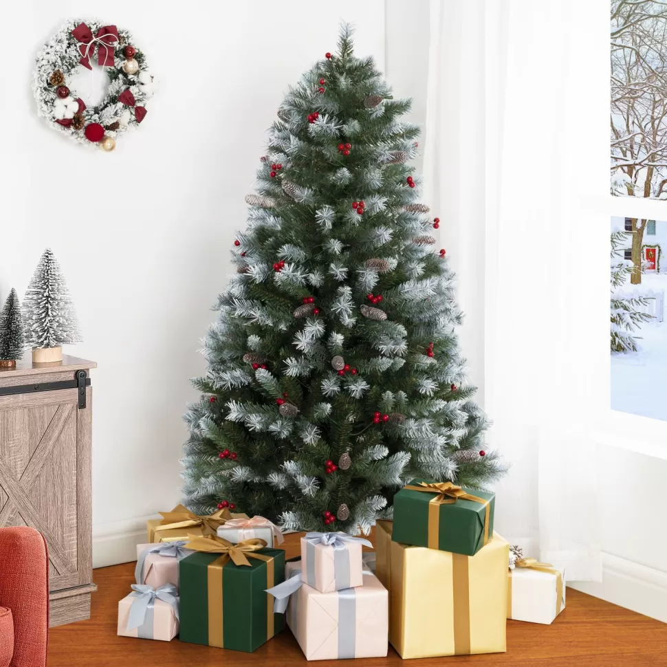 New The Holiday Aisle Frosted Pre-Lit Artificial Spruce Christmas Tree With Stand, Pine Cones, Faux Berries & Foot Pedal
