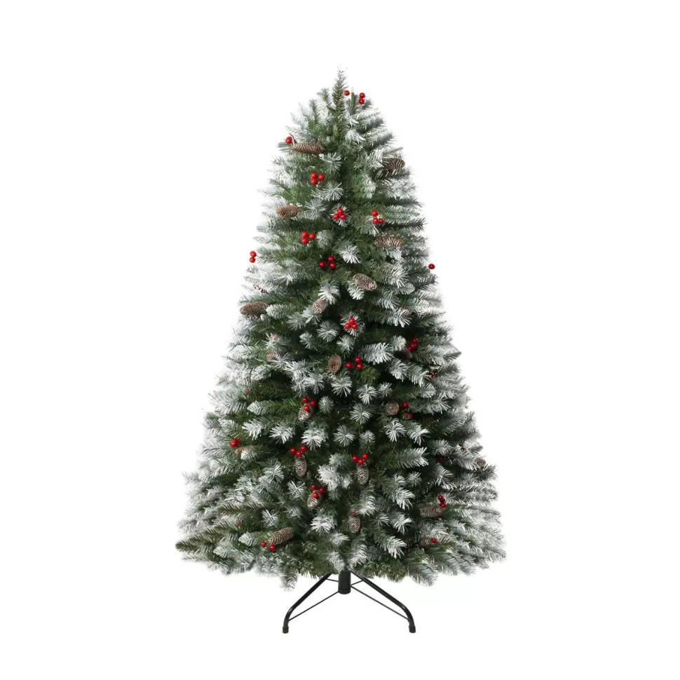 New The Holiday Aisle Frosted Pre-Lit Artificial Spruce Christmas Tree With Stand, Pine Cones, Faux Berries & Foot Pedal
