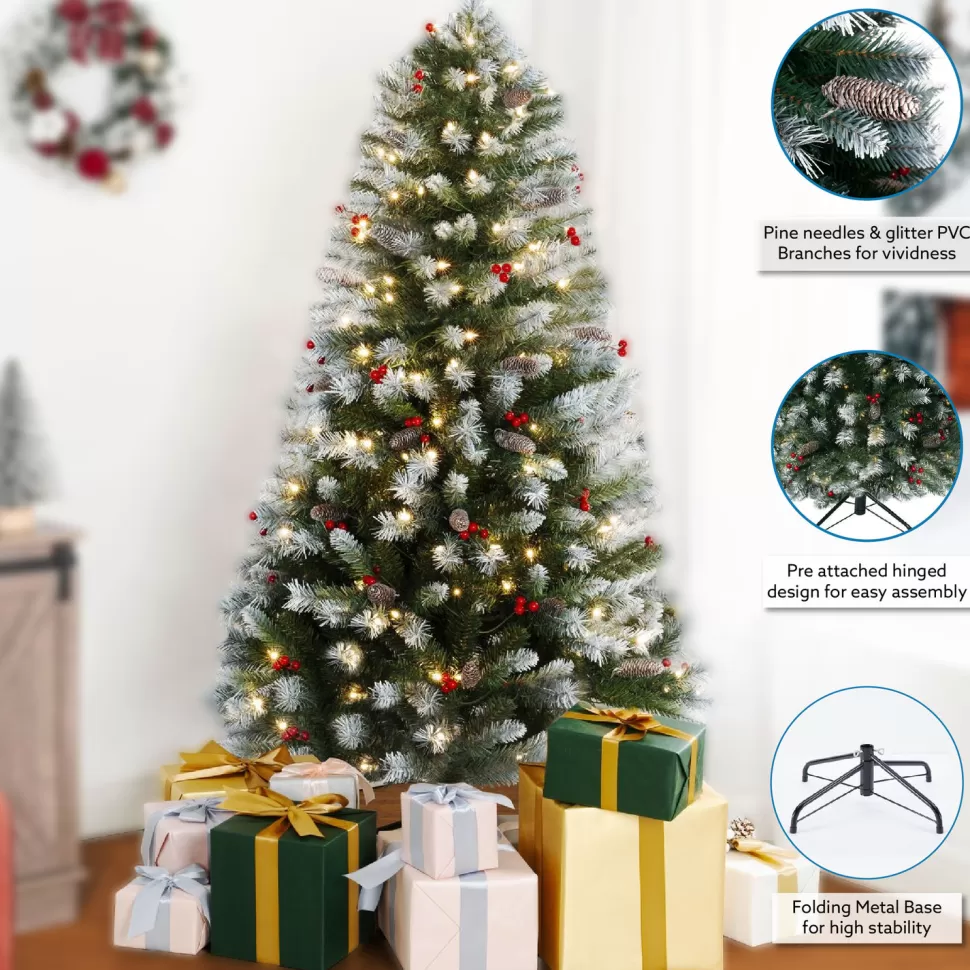 New The Holiday Aisle Frosted Pre-Lit Artificial Spruce Christmas Tree With Stand, Pine Cones, Faux Berries & Foot Pedal