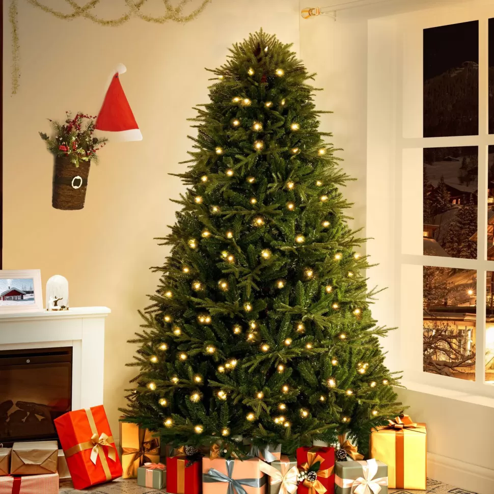 New The Holiday Aisle Green Hinged Pre-Lit Artificial Christmas Tree Warm Lighted Christmas Tree With Stand & Foot Pedal