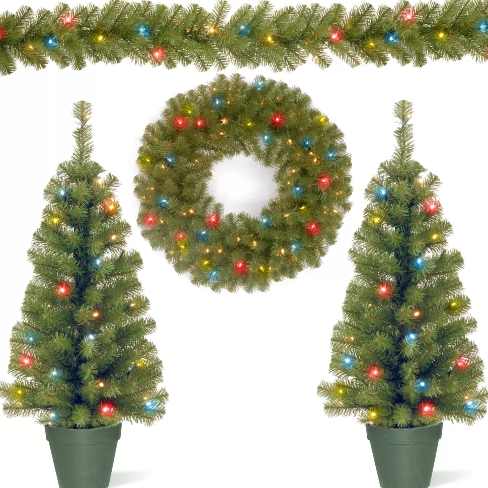 Store The Holiday Aisle Greenery Assortment Combination- 2 Entrance Trees, 1 Garland, 1 Wreath With Led Lights