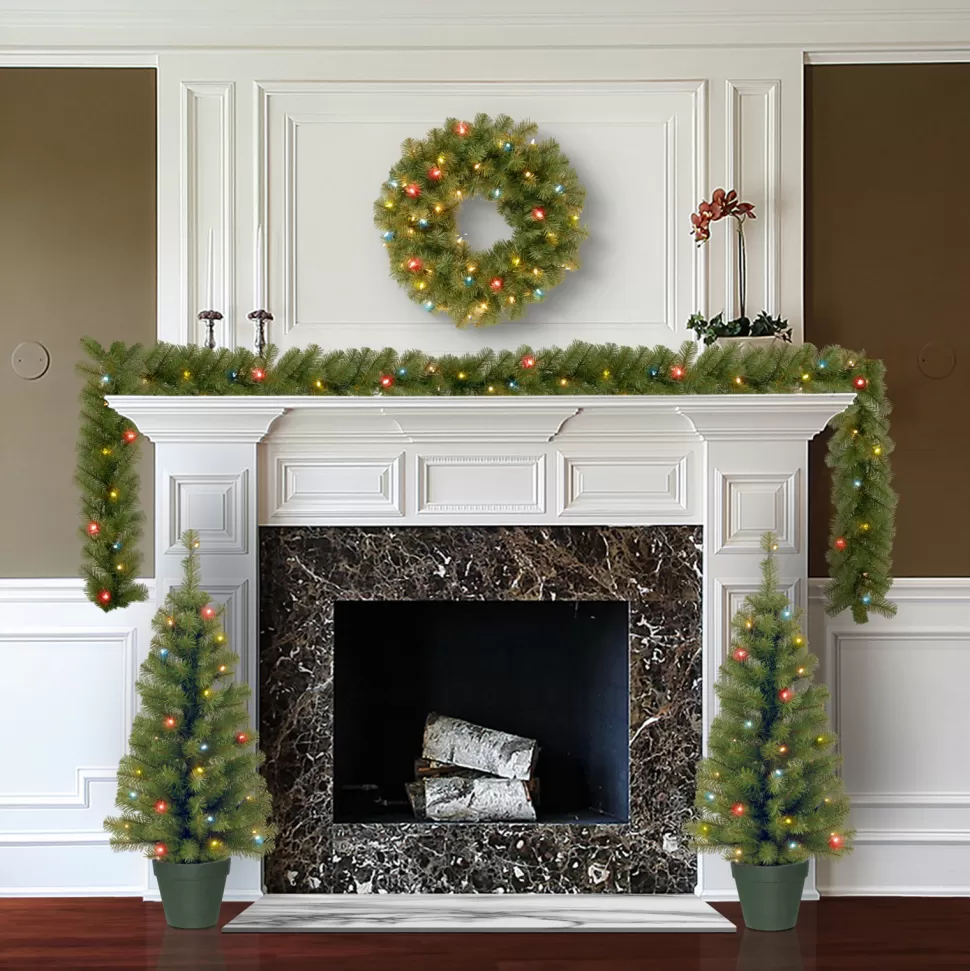 Store The Holiday Aisle Greenery Assortment Combination- 2 Entrance Trees, 1 Garland, 1 Wreath With Led Lights