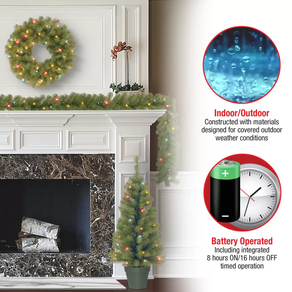 Store The Holiday Aisle Greenery Assortment Combination- 2 Entrance Trees, 1 Garland, 1 Wreath With Led Lights