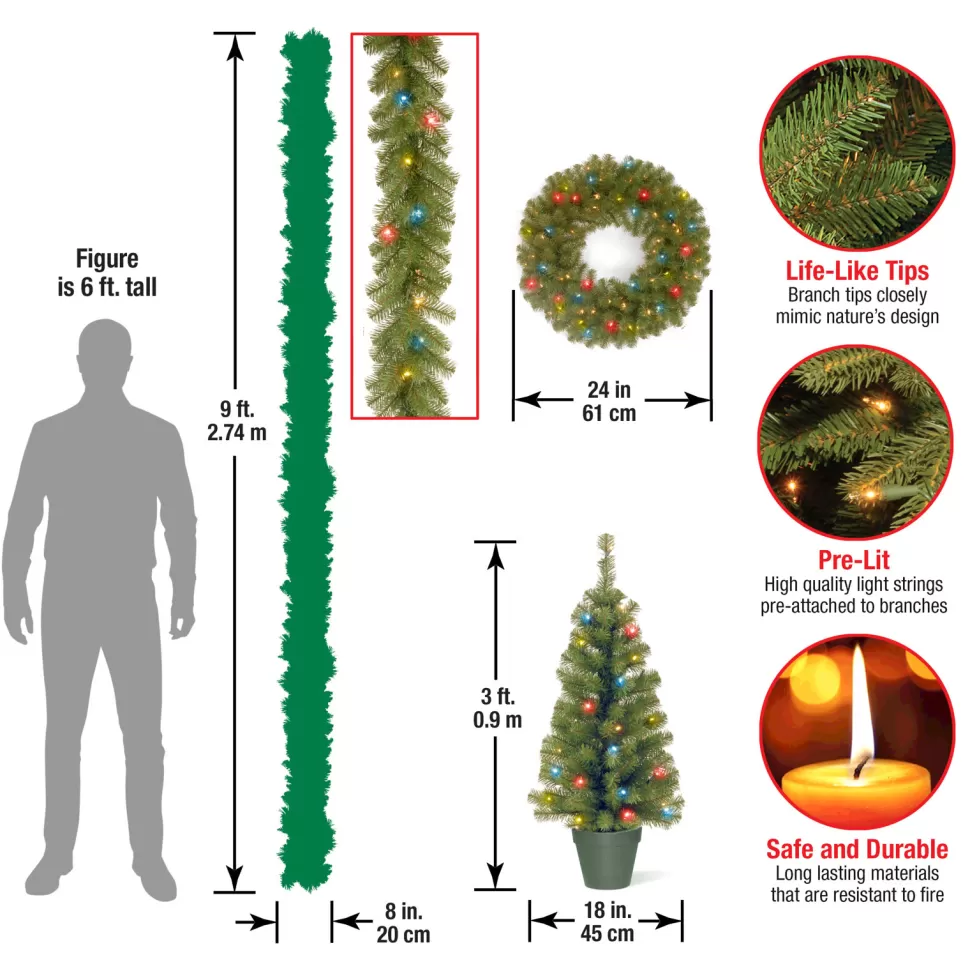 Store The Holiday Aisle Greenery Assortment Combination- 2 Entrance Trees, 1 Garland, 1 Wreath With Led Lights