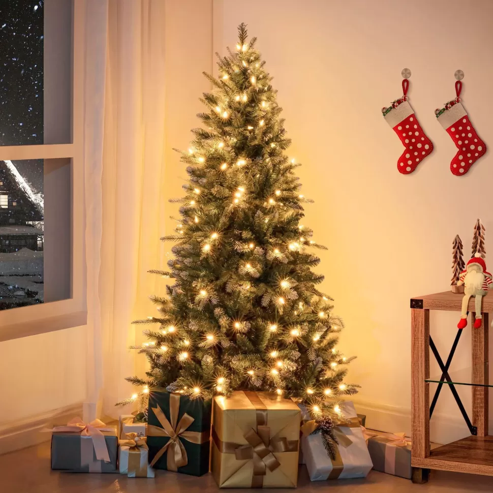 Outlet The Holiday Aisle Pre-Lit Artificial Fir Christmas Tree, White Tip Warm Lighted Christmas Tree With Stand & Foot Pedal