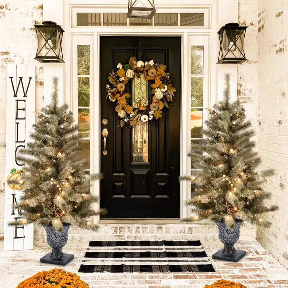 Hot The Holiday Aisle Set Of 2 4Ft Pre-Lit Led Artificial Flocked Pine Christmas Tree With Pine Cones And Urn Pot