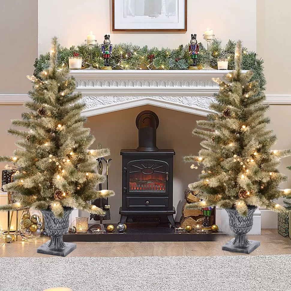 Hot The Holiday Aisle Set Of 2 4Ft Pre-Lit Led Artificial Flocked Pine Christmas Tree With Pine Cones And Urn Pot