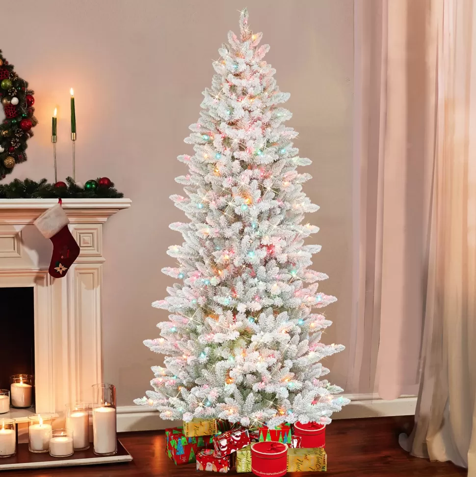 Hot The Holiday Aisle Slim Flocked Fraser 7.5' White/Green Fir Artificial Christmas Tree With 500 Multi-Color Lights