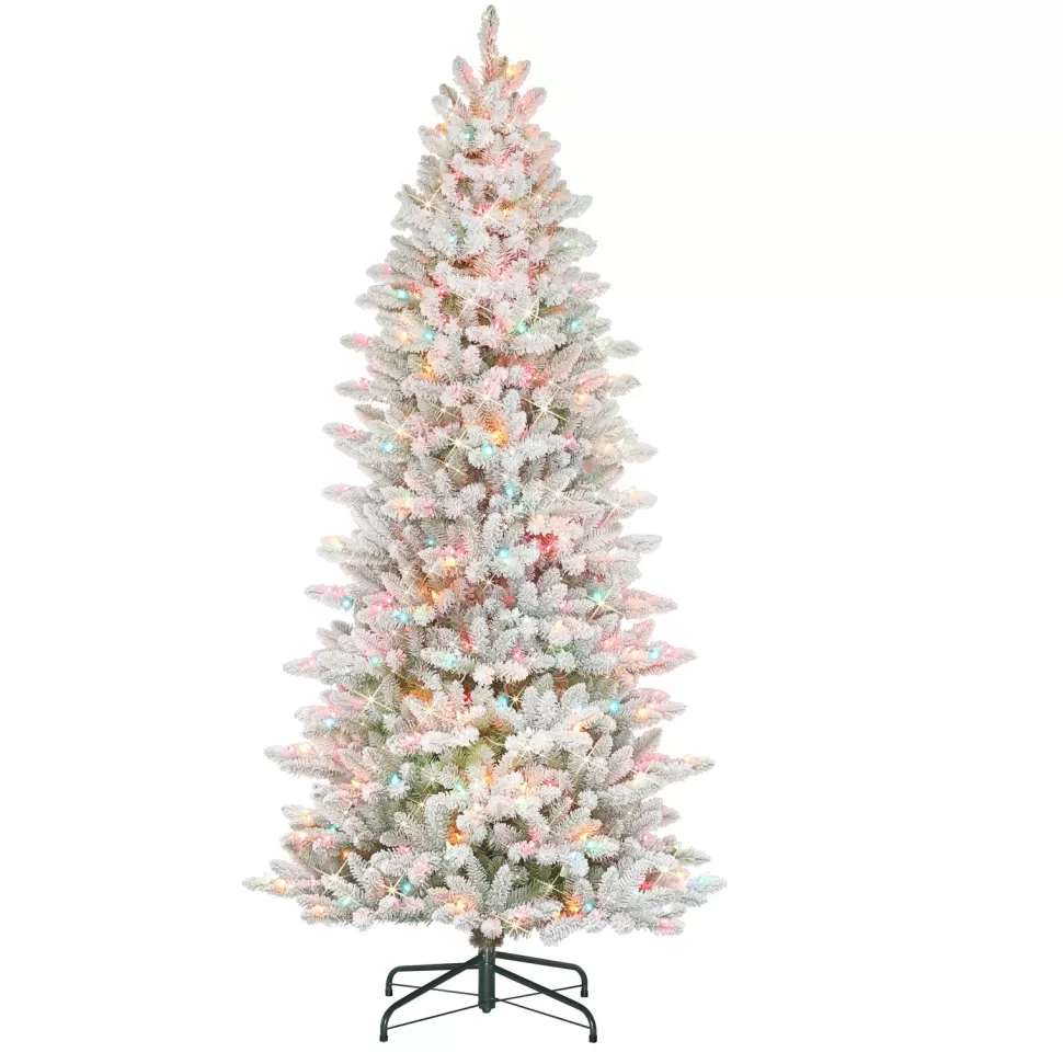 Hot The Holiday Aisle Slim Flocked Fraser 7.5' White/Green Fir Artificial Christmas Tree With 500 Multi-Color Lights