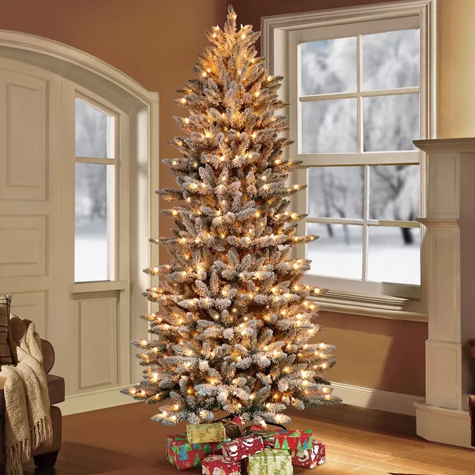 Outlet The Holiday Aisle Slim Flocked Fraser 9' Green/White Fir Artificial Christmas Tree With 800 Clear/White Lights