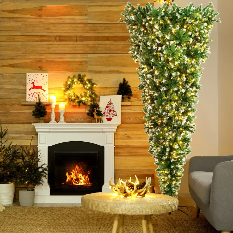 Outlet The Holiday Aisle Snowy 7.5 ' H Upside Down Green Realistic Artificial Pine Christmas Tree With 400 Led Lights