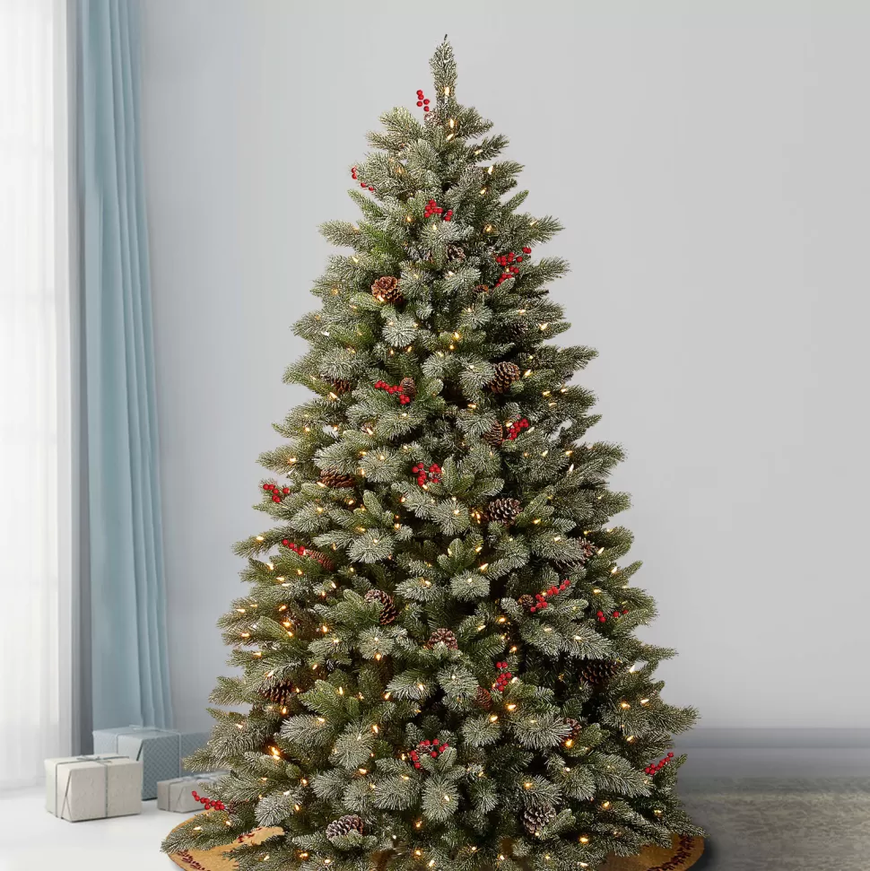 Store The Holiday Aisle Snowy Bristle Berry 7.5' Green Pine Artificial Christmas Tree With 700 Colored And White Lights