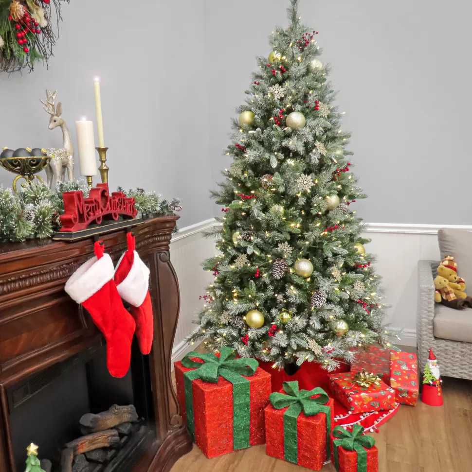 Store The Holiday Aisle Snowy Bristle Berry 7.5' Green Pine Artificial Christmas Tree With 700 Colored And White Lights