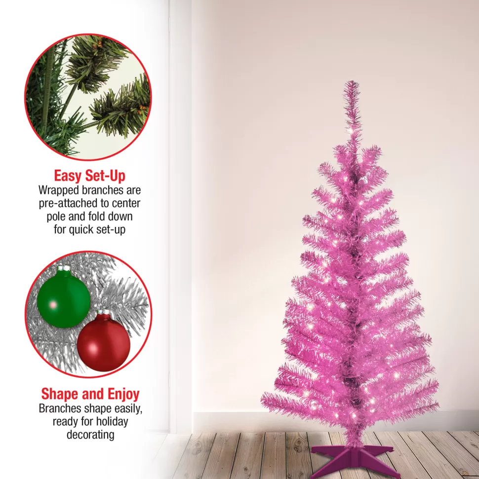 Cheap Hashtag Home Tinsel Trees 4' Pink Artificial Christmas Tree With 70 Clear/White Lights