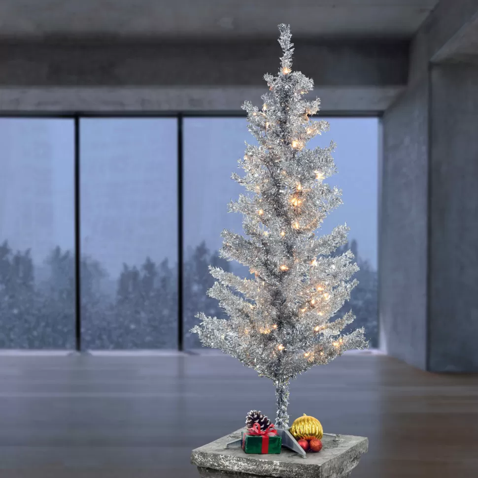 Hot Hashtag Home Tinsel Trees Silver Pine Artificial Christmas Tree With Clear Lights