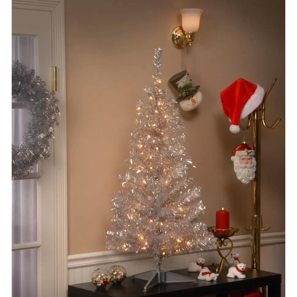 Hot Hashtag Home Tinsel Trees Silver Pine Artificial Christmas Tree With Clear Lights