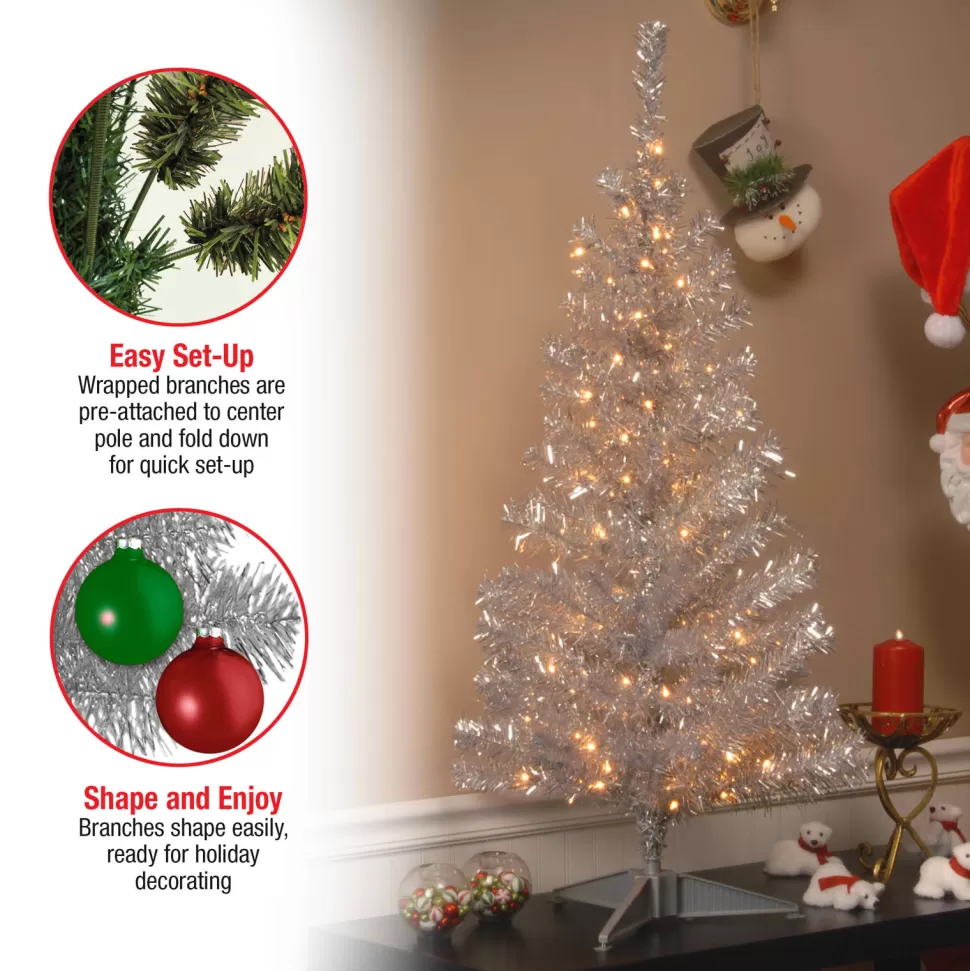 Hot Hashtag Home Tinsel Trees Silver Pine Artificial Christmas Tree With Clear Lights
