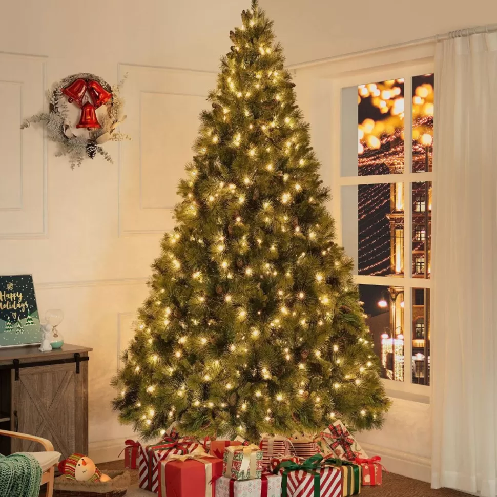 Store The Holiday Aisle Traditional Prelit Artificial Christmas Tree With Pine Cones And Foot Pedal, Lighted Christmas Tree
