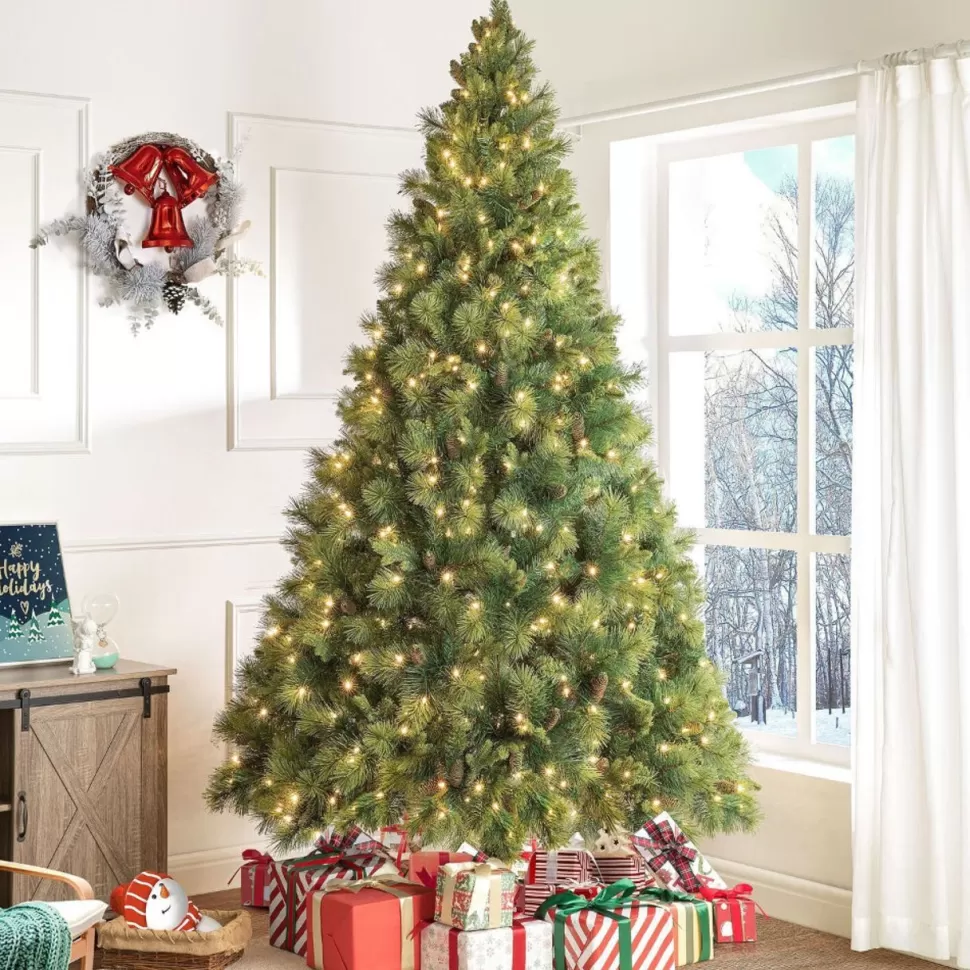 Store The Holiday Aisle Traditional Prelit Artificial Christmas Tree With Pine Cones And Foot Pedal, Lighted Christmas Tree