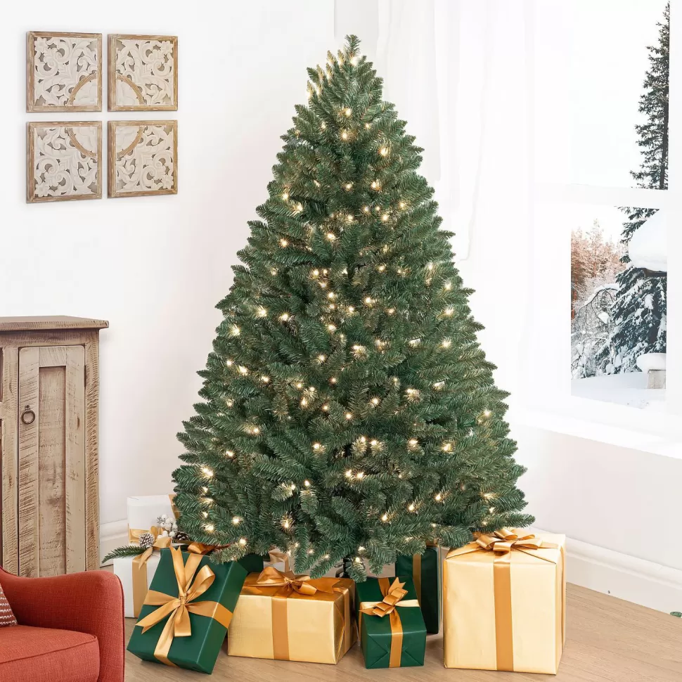 Shop The Holiday Aisle Warm Lighted Artificial Spruce Christmas Tree, Green Pre-Lit Christmas Tree With Stand & Foot Pedal